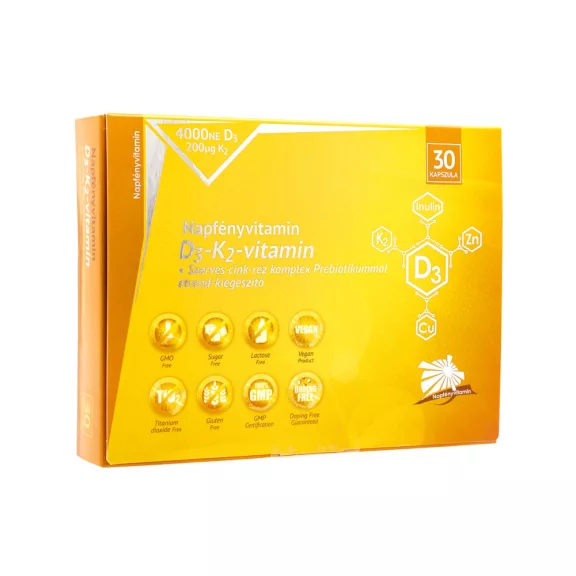Napfényvitamin D3-K2-vitamin és szerves nyomelem komplex Prebiotikummal - 30db Napfényvitamin D3-K2-vitamin és szerves nyomelem komplex Prebiotikummal - 30db