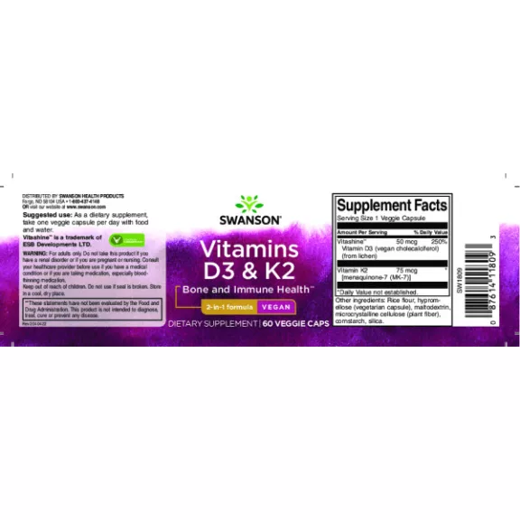 Swanson D3+K2-Vitamin Kapszula – 60db